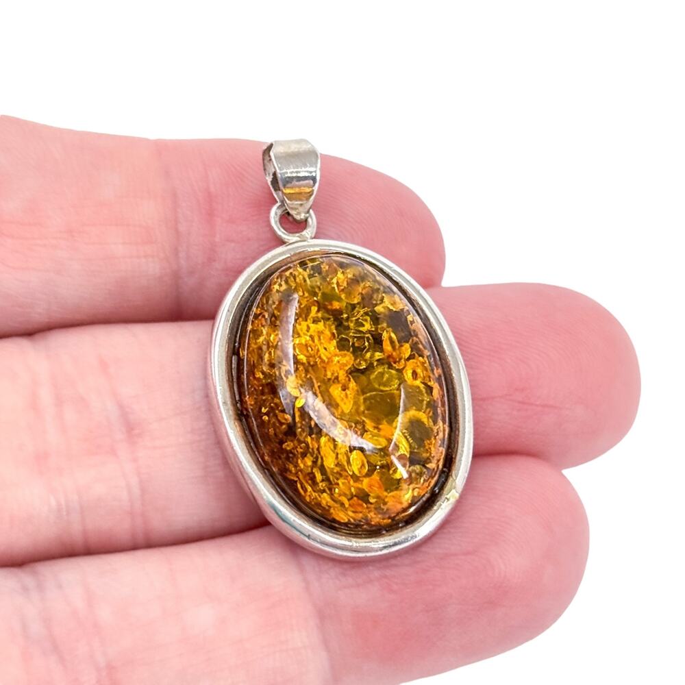 Vintage Sterling Silver 925 Amber Oval Cabochon Pendant